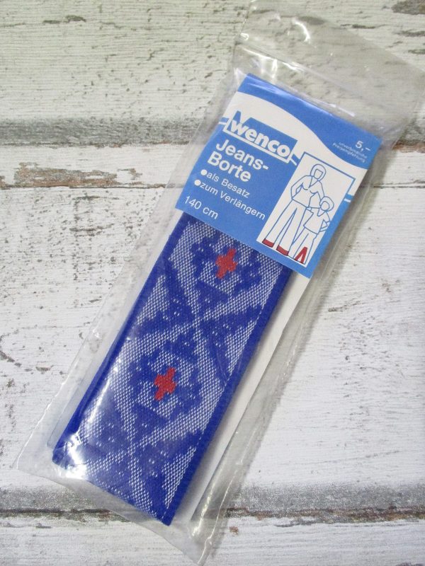 Jeansborte Polyacryl Vintage 70er blau rot Rauten - Woolnerd