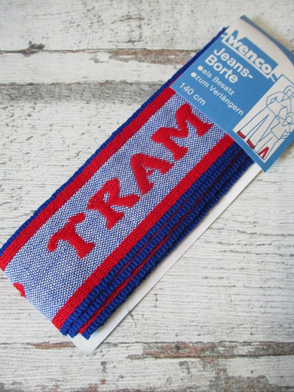 Jeansborte Polyacryl Vintage 70er blau rot TRAMP - Woolnerd
