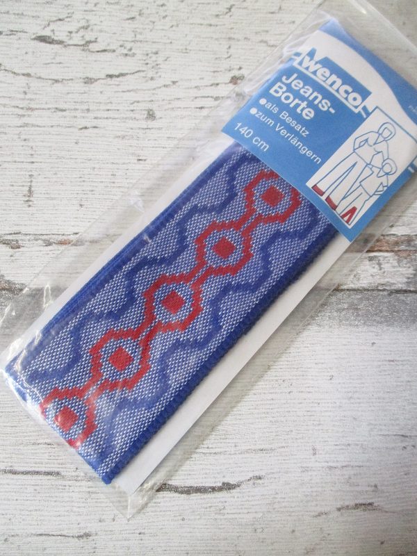 Jeansborte Polyacryl Vintage 70er blau rot Wellenmuster beidseitig - Woolnerd
