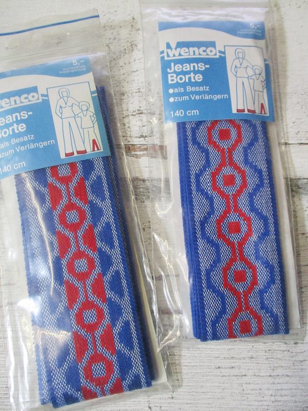 Jeansborte Polyacryl Vintage 70er blau rot Wellenmuster beidseitig - Woolnerd