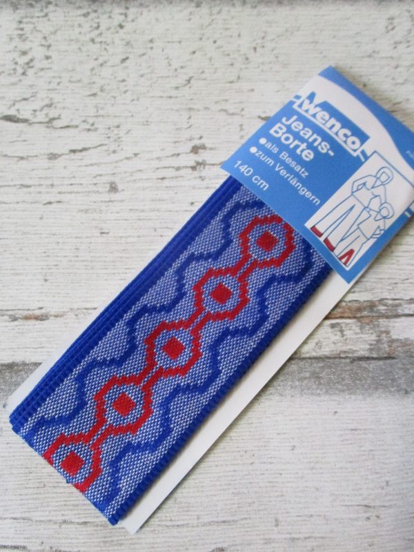 Jeansborte Polyacryl Vintage 70er blau rot Wellenmuster beidseitig - Woolnerd