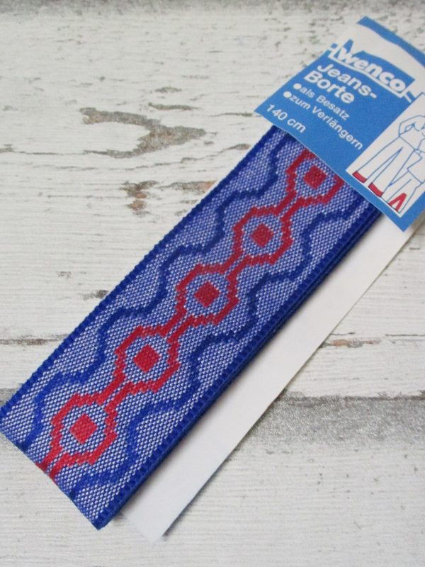 Jeansborte Polyacryl Vintage 70er blau rot Wellenmuster beidseitig - Woolnerd