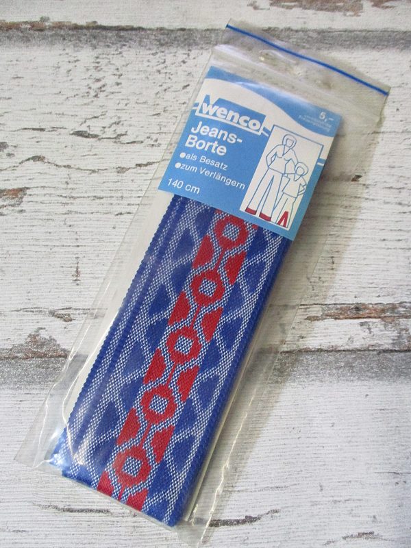 Jeansborte Polyacryl Vintage 70er blau rot Wellenmuster beidseitig - Woolnerd