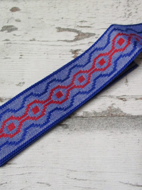 Jeansborte Polyacryl Vintage 70er blau rot Wellenmuster beidseitig - Woolnerd