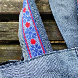 Jeansborte Polyacryl Vintage 70er blau rot floral - Woolnerd