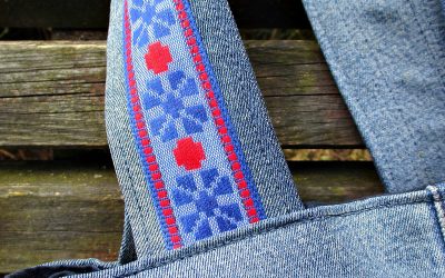 Jeansborte Polyacryl Vintage 70er blau rot floral - Woolnerd