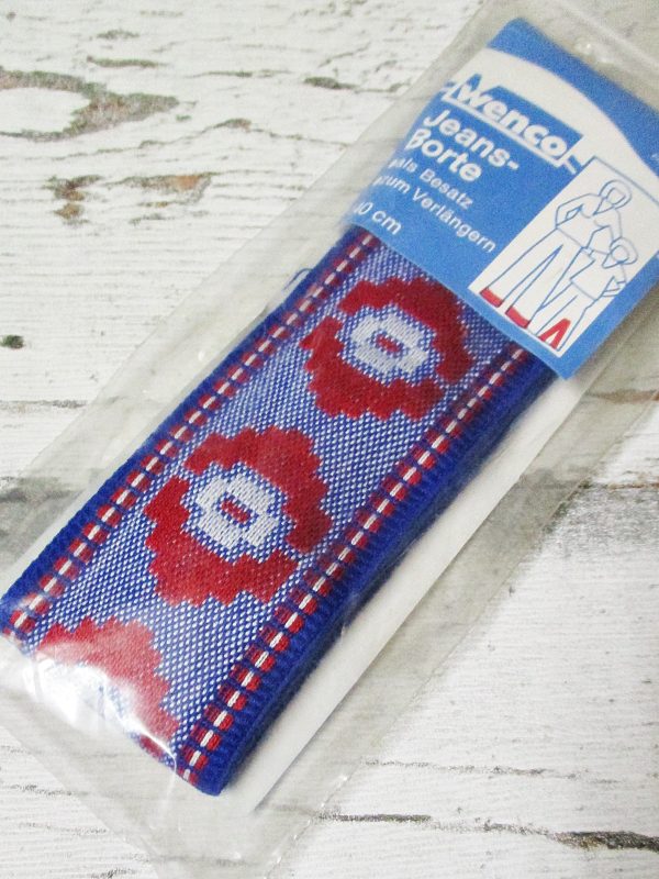 Jeansborte Polyacryl Vintage 70er blau rot weiß floral - Woolnerd