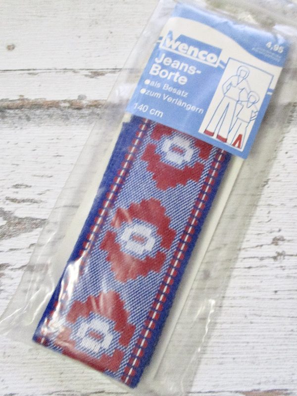 Jeansborte Polyacryl Vintage 70er blau rot weiß floral - Woolnerd