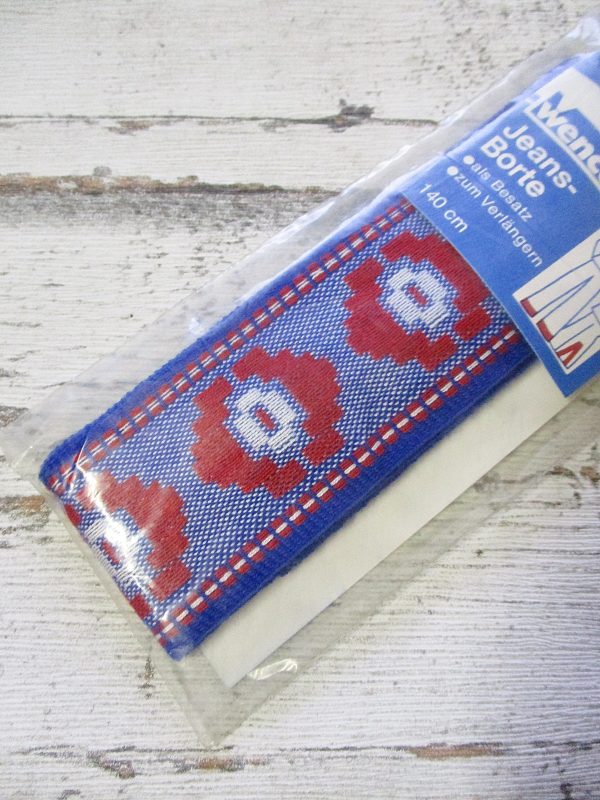 Jeansborte Polyacryl Vintage 70er blau rot weiß floral - Woolnerd