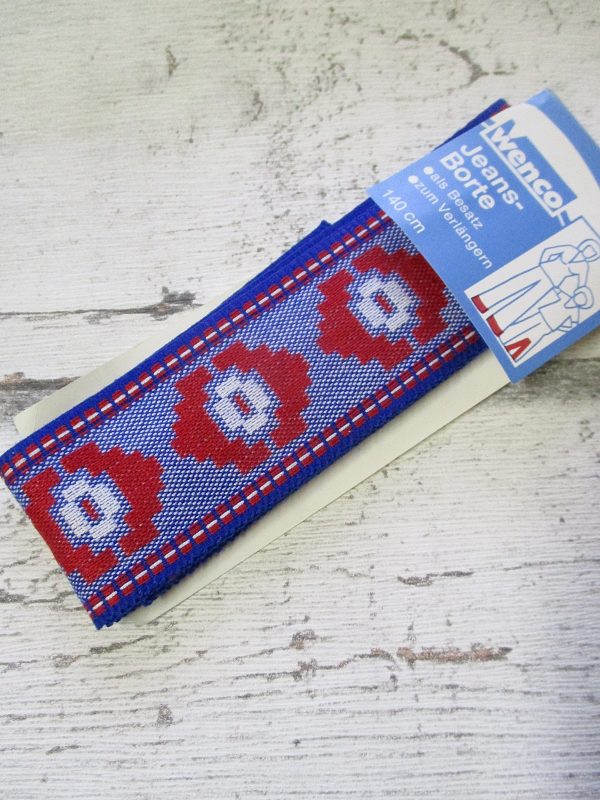 Jeansborte Polyacryl Vintage 70er blau rot weiß floral - Woolnerd