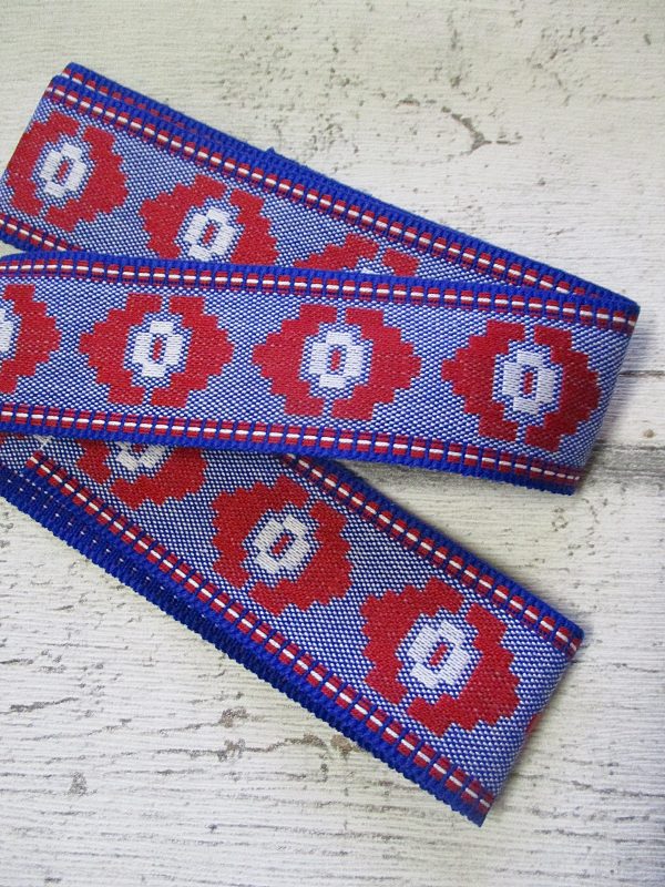Jeansborte Polyacryl Vintage 70er blau rot weiß floral - Woolnerd