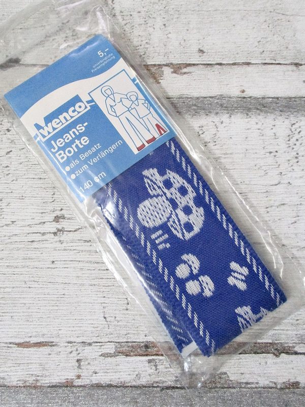 Jeansborte Polyacryl Vintage 70er blau weiß Pilze Schmetterlinge - Woolnerd