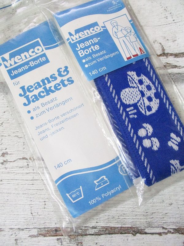 Jeansborte Polyacryl Vintage 70er blau weiß Pilze Schmetterlinge - Woolnerd