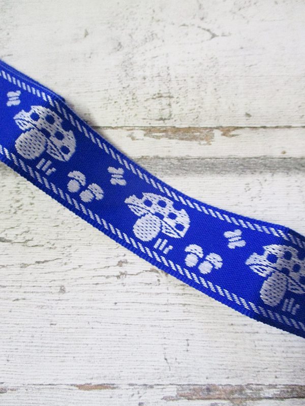 Jeansborte Polyacryl Vintage 70er blau weiß Fliegenpilze Schmetterlinge - Woolnerd