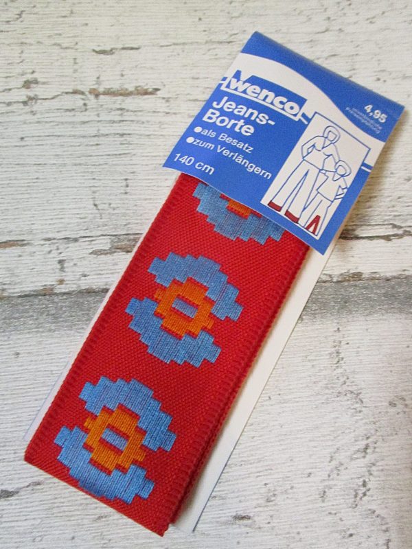 Jeansborte Polyacryl Vintage 70er rot orange türkis floral - Woolnerd