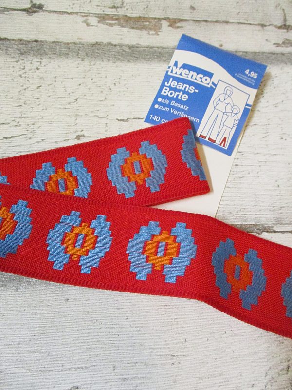 Jeansborte Polyacryl Vintage 70er rot orange türkis floral - Woolnerd