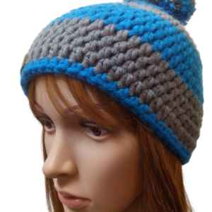 Bommelmütze Häkelmütze (türkis-grau) - WOOLNERD