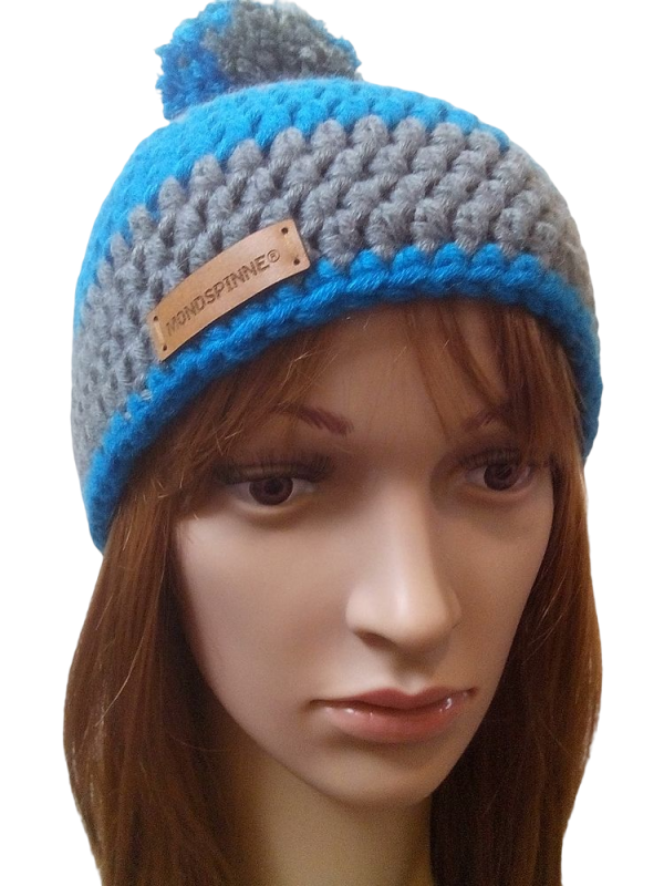Bommelmütze Häkelmütze (türkis-grau) - WOOLNERD