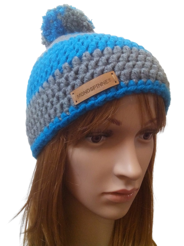 Bommelmütze Häkelmütze (türkis-grau) - WOOLNERD